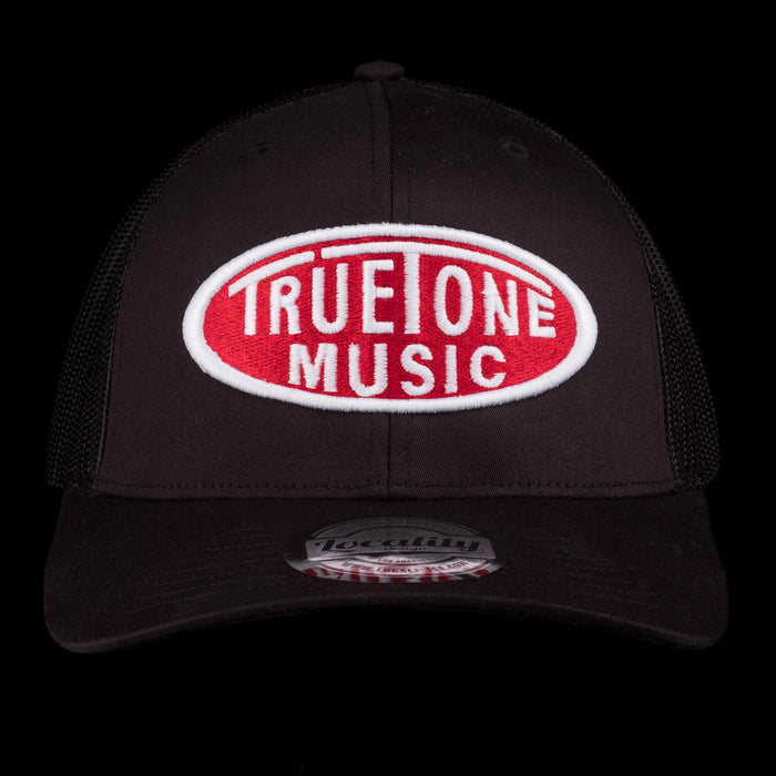 Truetone Music Trucker Hat Black with Red & White Logo