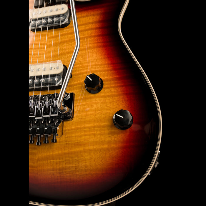 EVH Wolfgang USA 5A Flame Top 3-Tone Burst Closeup Knobs