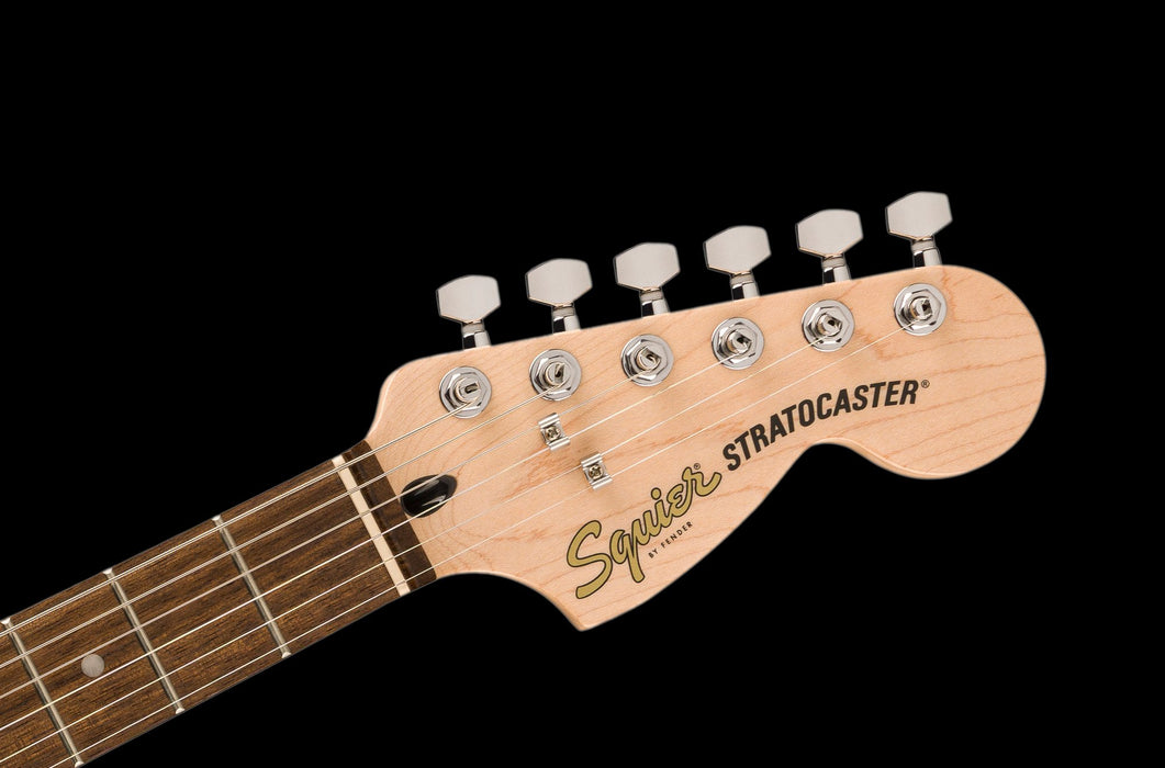 Squier Affinity Series Stratocaster Junior HSS Laurel Fingerboard White Pickguard Ice Blue Metallic Headstock Front