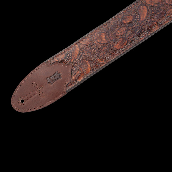 Levy's M4WP-006 3" Distress Floral Embossed Leather Guitar Strap With Garment Leather Backing Logo End