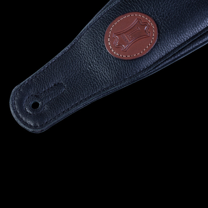 Levy's MSS2-BLK 3" Wide Black Garment Leather Guitar Strap Closeup Tab Logo