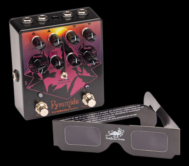 EarthQuaker Devices Limited Edition Solar Pyramids Stereo Flanger Guitar Pedal Front With Glasses