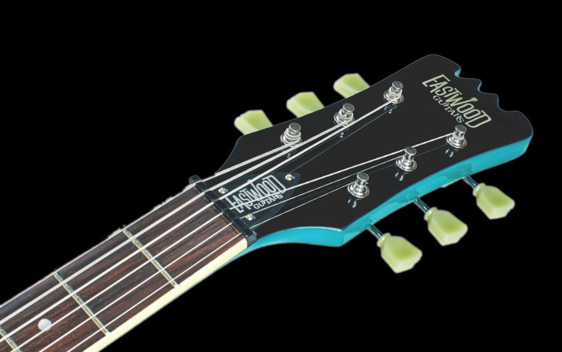 Eastwood Sidejack Baritone Electric Guitar - Metallic Blue Headstock