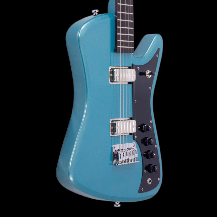 Eastwood Airline Bighorn Electric Guitar  - Metallic Blue Front Angle Crop